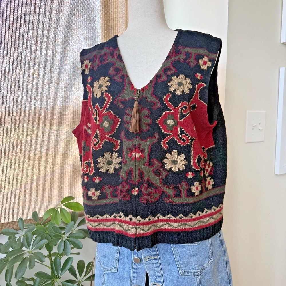 Eagle Eye Sweater Vest Women XL Boho Global Tapestry Zip 90% Cotton Tribal‎ Indo